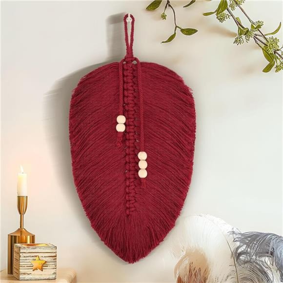 Wine Red Macrame Leaf Wall Hanging,Boho Wall Decor Handmade Macrame Wall Hanging - Picture 3 of 6